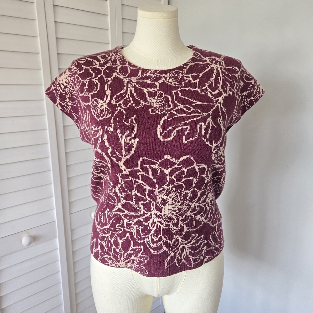 Cynthia Rowley Plum Floral Knit Sweater Top Size M Minimalist Boho Chic Retro